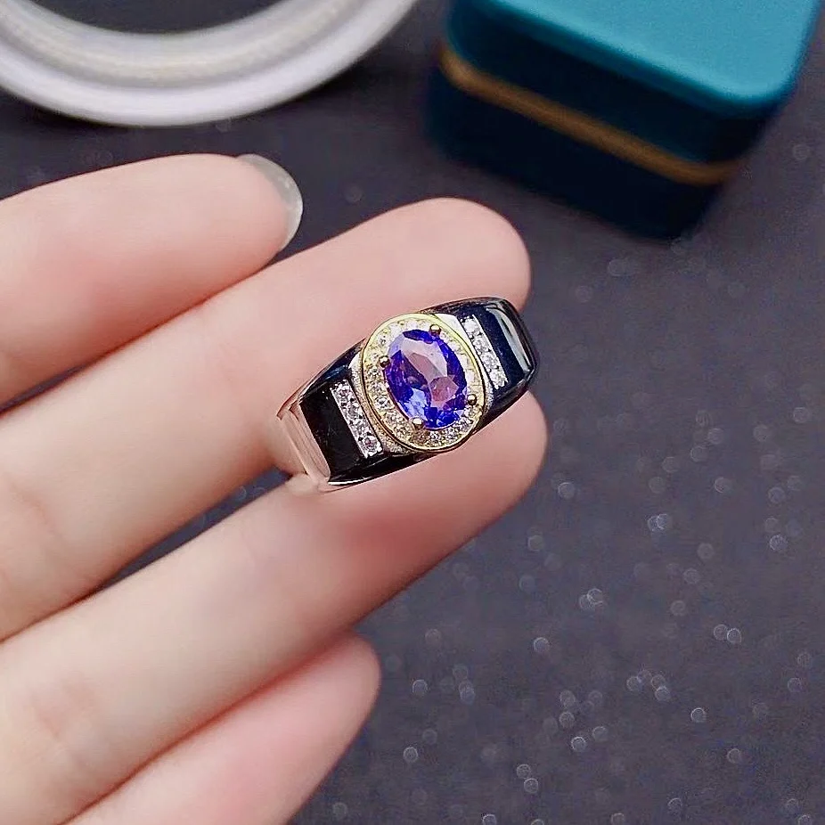 Fashion 925 Silver Man Ring for Party 0.7ct 5mm*7mm VVS Grade Natural Tanzanite Ring for Man Real Silver Tanzaite Jewelry
