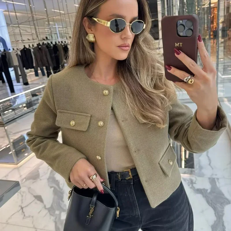 Woman Outerwears Autumn Long Sleeve Cropped Jacket For Women Winter Button Demi-Season Short Coats Elegant Women\'s Coat