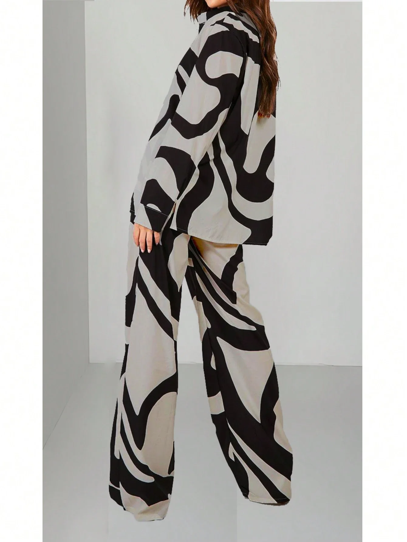 

Women's Casual Abstract Print Long Sleeve Shirt And Wide Leg Pants Set Spring
