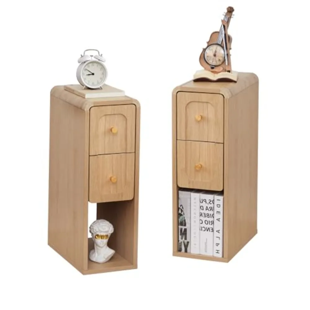Small Nightstand Set of 2, Wooden Narrow Nightstands with 2 Drawers, Vintage Side End Table for Small Spaces, Skinny