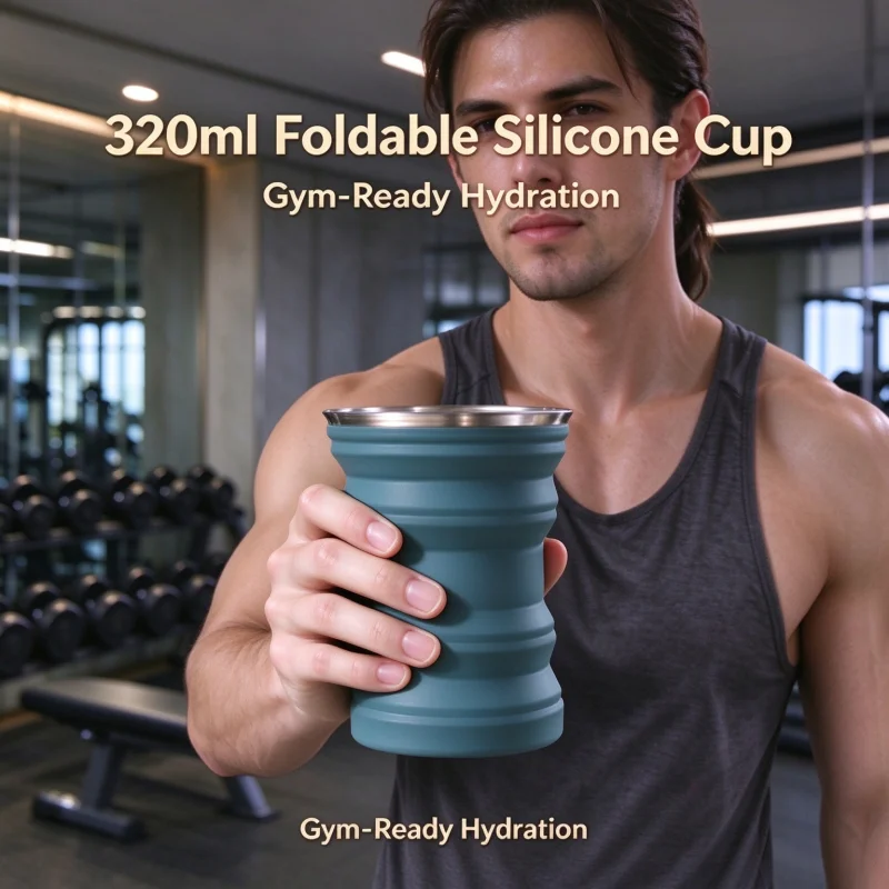 Silicone Collapsible Travel Mug with Lid & Lanyard, Heat Resistant Portable Foldable Cup for Hot Water, Camping Gym Outdoor