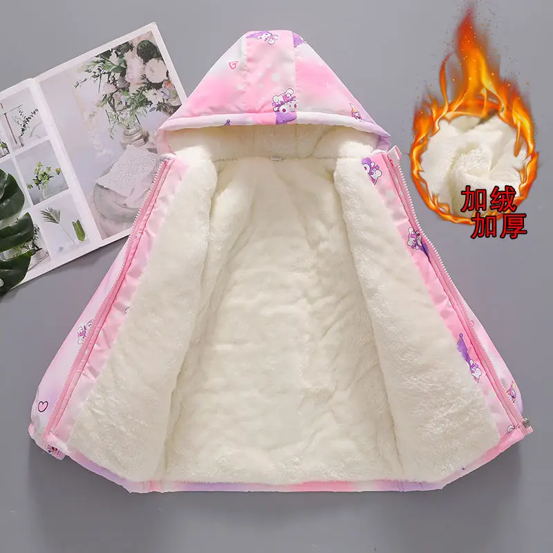 

Sanrio Cartoon Kuromi Children Girls Cotton Jacket Kids Cute Hooded Coats Winter Toddler Plush Warm Thick Windproof Outerwear