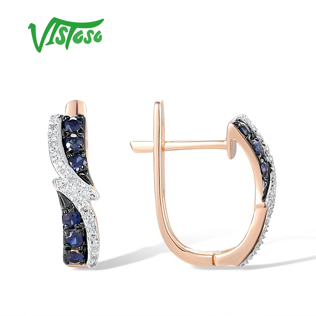VISTOSO Genuine 14K 585 Rose Gold Latch Back Earrings For Women Blue Sapphire Diamond Classic Wedding Fine Fashion Jewelry
