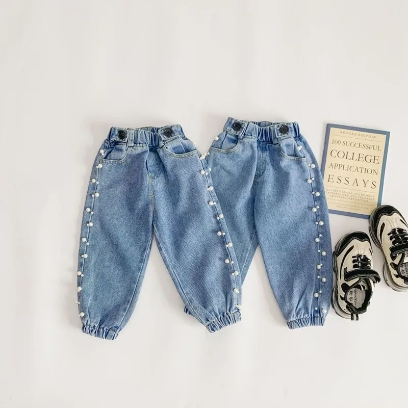 

New Arrival 2023 Spring Autumn Kids Pearls Beading Denim Pants Cotton Loose Girls Jeans For 2-7Years Children Clothing