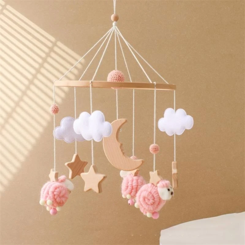 木製スタームーン羊ベビーベッドモバイル天然木赤ちゃん感覚おもちゃ安全な保育園の装飾 A2UB