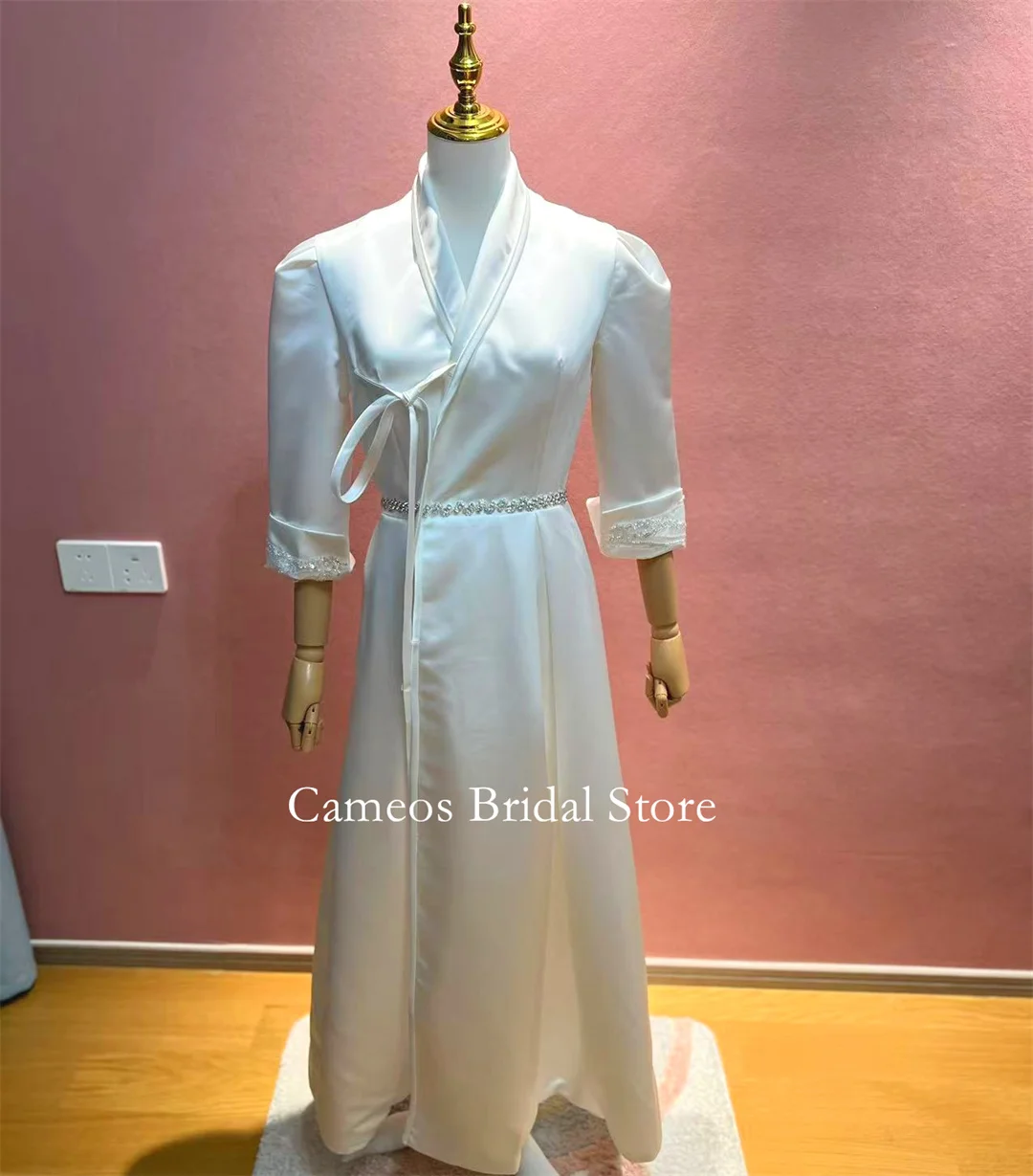 Cameos Korean Hanbok Evening Dress Customized Formal Prom Dress Satin White Half Sleeves  웨딩드레스 Occasion Party Evening Gown