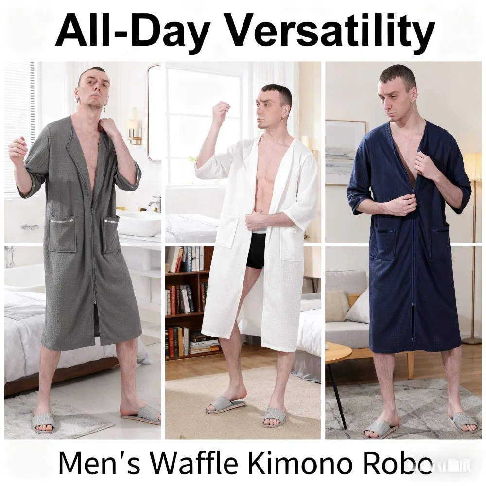 

Men's Zipper Nightgown Thin Fabric One-Piece Robe Version Loungewear Position Perfect for Post-Bath & Home Relaxation