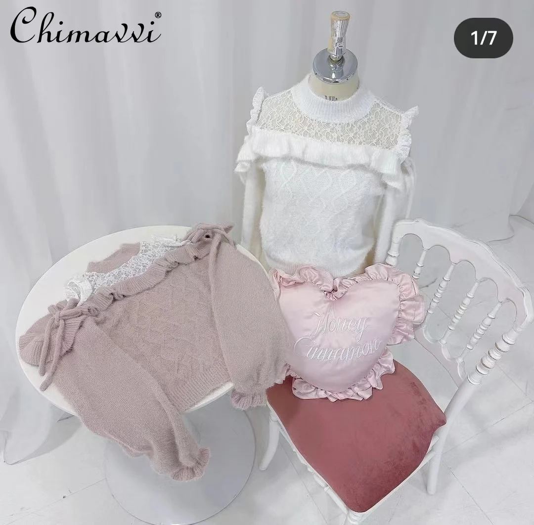 Nowy japoński sweter z dzianiny Sweet Girl Kobiety Jesień Zima Nowość Off Shoulder Lace Bow Hollow Out Lolita Knitwear Top