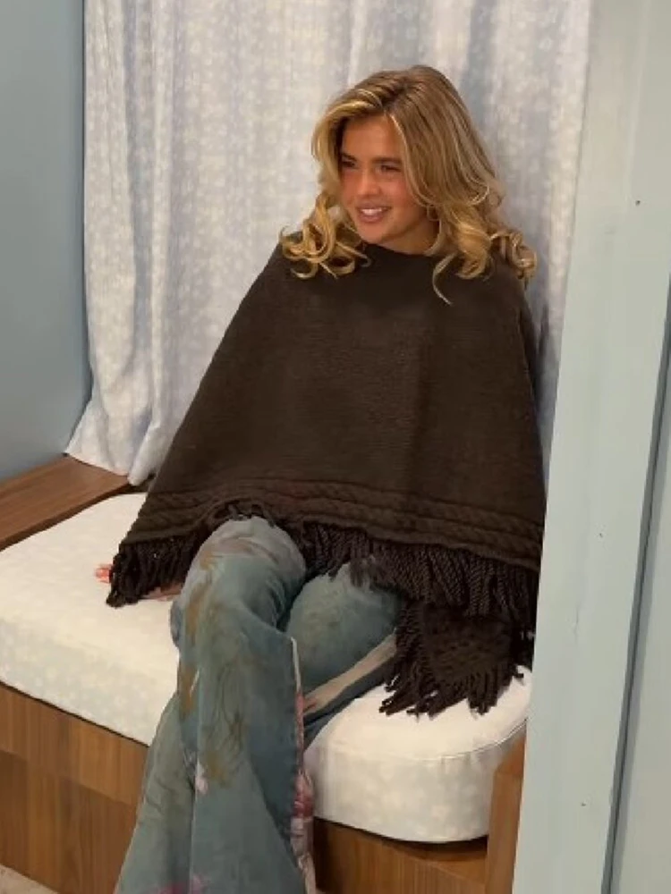 Retro Fringed Hem Knitted Cape Shawl Back Self‑tied Bow Decor Loose Oversized Wrap Coat Women Fall Daily Street Holiday Wear New