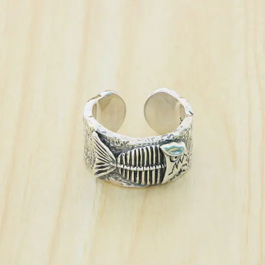 925 Sterling Silver Fossil Fishbone Ring with Opening Male Personality Thai Silver Index Finger Ring Punk Hip Hop Jewelry Vintag