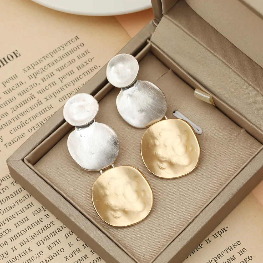 Two‑Tone Hammered Disc Drop Earrings 925 Silver Needle Multi‑Layer Irregular Round Dangle Earrings Boho Ear Decor