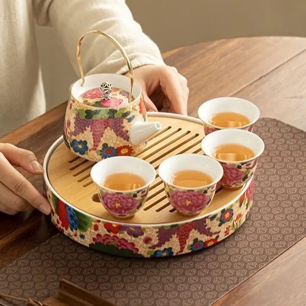 Colorful Handmade Enamel Teapot Kung Fu Tea Set Household Chinese Teapot One Pot Four Cups Tea Tray Teapot Tea Cup Multicolor