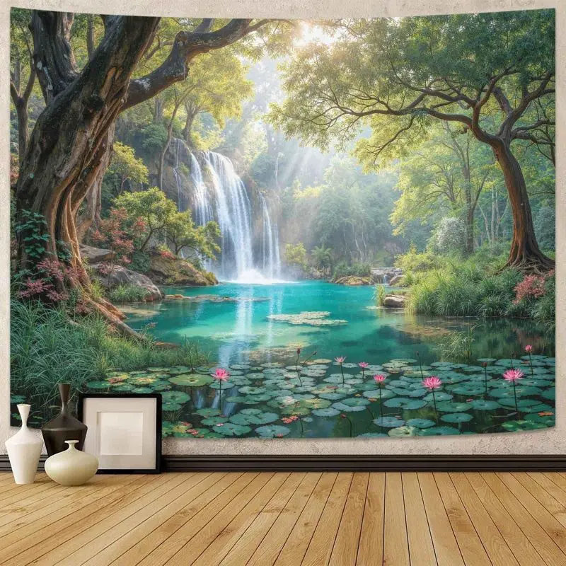 VIKAMA Misty Forest Sunlight Wall Tapestry Green Tree Foggy Dirt Trail Sun Ray Morning Woodland Nature Landscape Calm Decor Boho