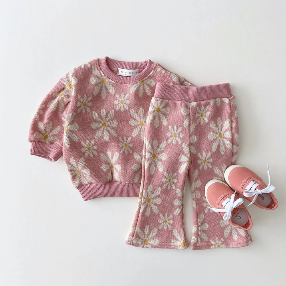 Winter Toddler Baby Girl Clothes Sets 2pcs Knitted Sweater Tops+Flared Pants Children Lovely Pattern Outfits For Girls Knit Suit