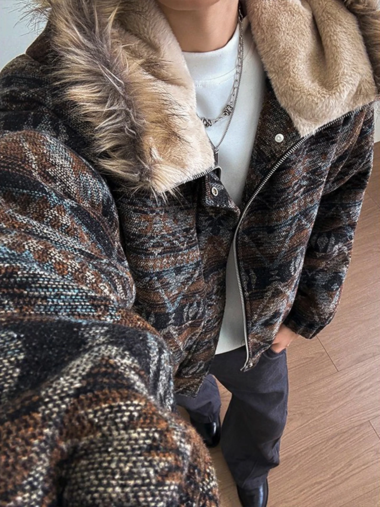 

Thiened Winter Cotton Jaet for Men Ethnic Sle Mountain Eagle Design Warm Loose Casual Sle with Fur Collar Coat