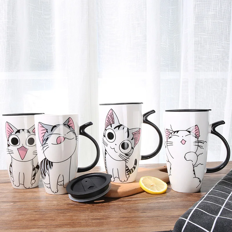 600ml Cute Cat Ceramics Coffee Mug with Lid Large Capacity Animal Mugs Creative Drinkware Coffee Tea Cups Novelty Gifts Milk Cup