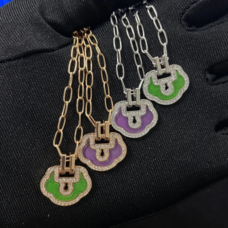 

Hot Seller Elegant Jade Agate Ruyi Lock Pendant Necklace with Inter-diamond Fashion Jewelry Perfect Gift Choice