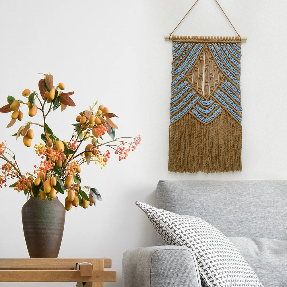 Macrame Wall Hanging Hand Woven Tapestry Brown Blue Tassel Wall Art for Living Room Bedroom Boho Home Wall Decor