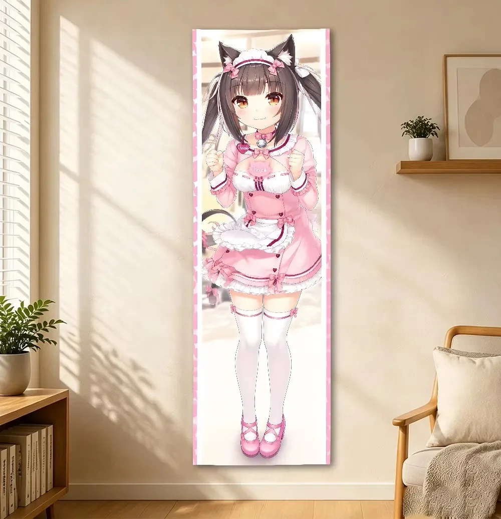 Nekopara Vertical Tapestry, Long Strip Full Body Cat Ear Maid Character Wall Hanging, Sweet Pink Polyester Wall Cloth