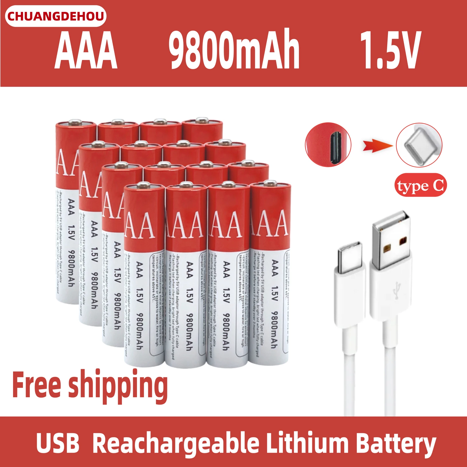 AAA battery, USB fast charging 1.5V AAA lithium-ion battery with a capacity of 9800mAh, suitable for toy mouse LED laser lights