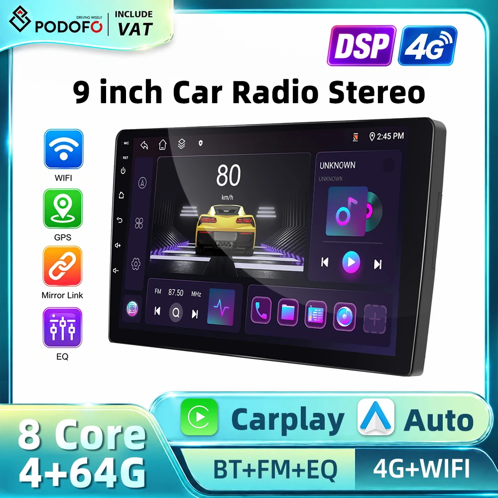 Autoradio multimédia Android Podofo 4+64G, CarPlay sans fil, Android Auto, écran 9'', système intelligent pour voiture, GPS, Mirror Link, WIFI, BT, EQ, FM, AM, RDS