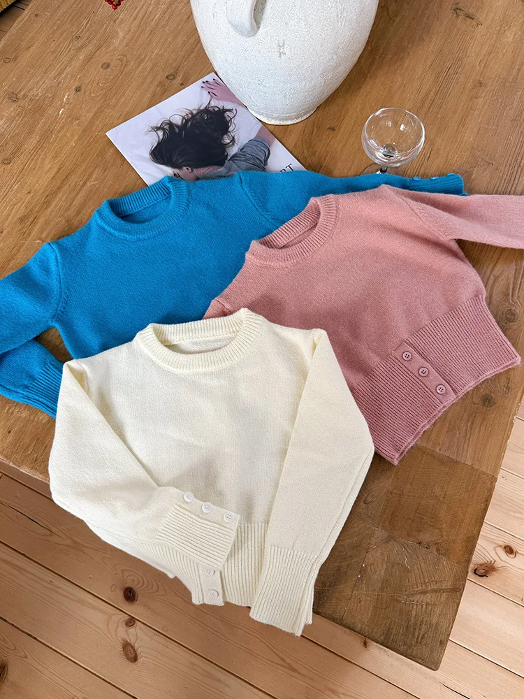 Mädchenpullover 2025, Winter, neue Kollektion, Taille, dreifarbig, langärmelig, Rundhalsausschnitt, Kapuzenpullover, süß und niedlich, vielseitig, für den Alltag