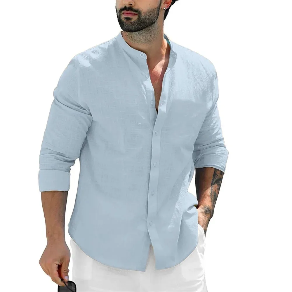 Men\'s Casual Solid Color Beach Shirts Full Sleeve Shirt Single Breasted Versatile Blouse Slim Male Stand Collar Cotton Linen Top