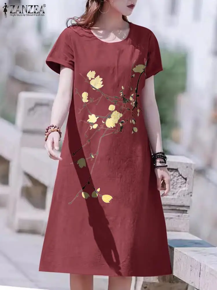 

Women Bohemian Vestidos ZANZEA Summer Fashion Dress 2024 Vintage Casual Floral Printed Short Sleeve O-Neck Loose Midi Sundress