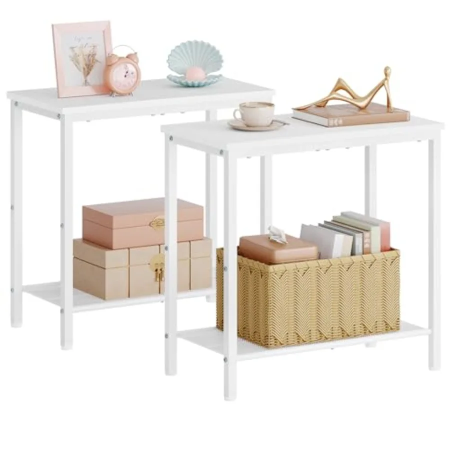

2 Tier End Table Sofa Side Table Narrow Side Table with Storage Slim Nightstand for Small Spaces Metal Frame for Living Room Be