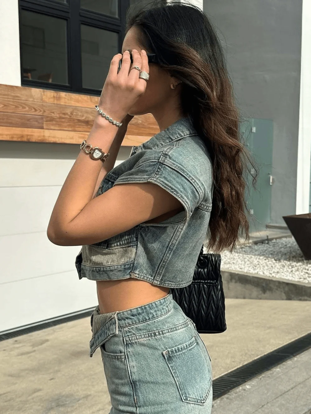 

Womens Distressed Denim Two Piece Set Sleeveless Button Down Vest And Shorts