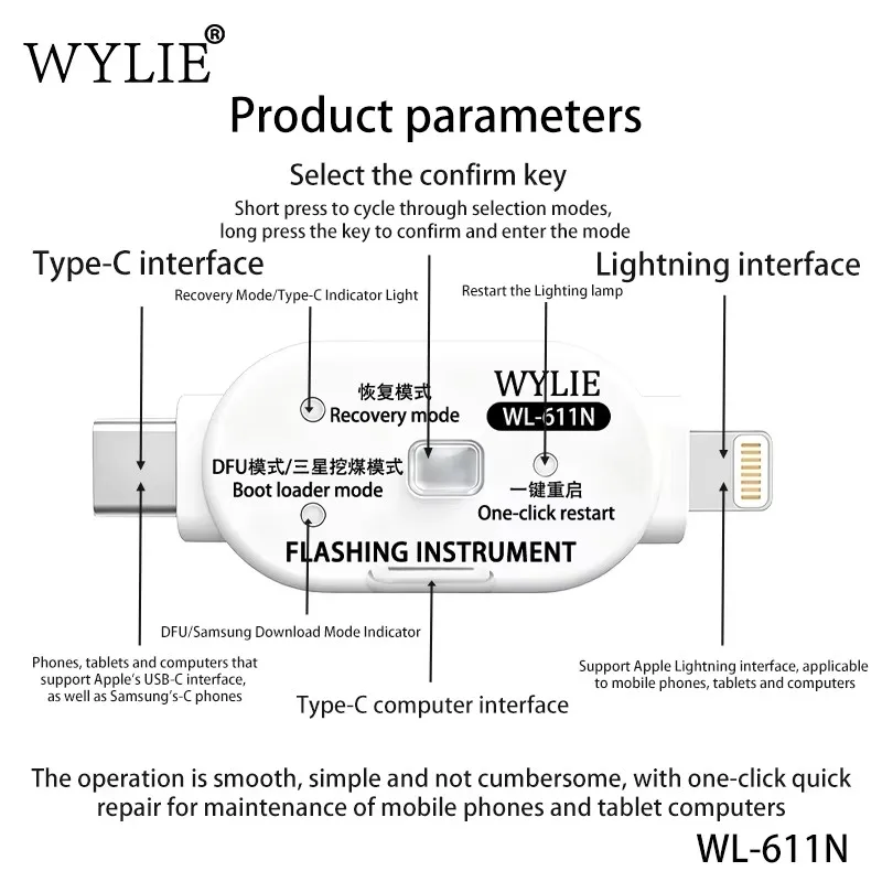 WYLIE WL-611N One-Key DFU Recovery & Bootloader Mode Tool Dual Port No Disassembly for iPhone 6-17 Pro Max/Sam