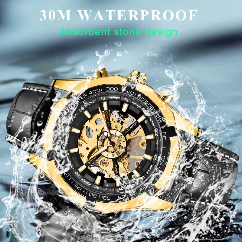 

FORSINING модный черный золотой кожаный ремень водостойкие светящиеся стрелки механические наручные часы лучший бренд класса люкс бизнес часы