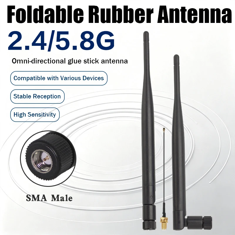2.4G 5.8GHz WiFi Antenna SMA Male Connector Foldable Omni Antenna for Router Wireless Network Card Bluetooth Zigbee IoT Device