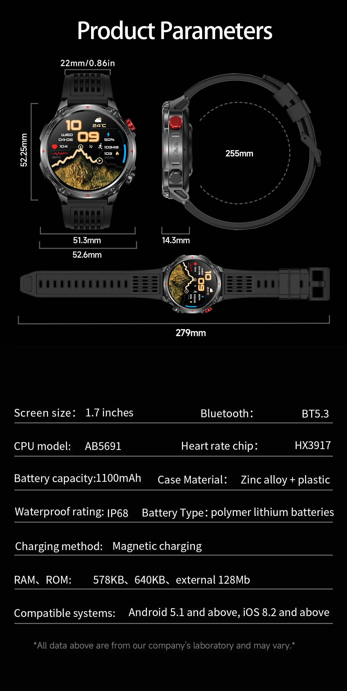 Neue Smartwatch für Herren mit 1100mAh Großbatterie, Outdoor GPS, Taschenlampe, Kompass, IP68 Wasserdicht, HD-Anruf, 1,7 Zoll AMOLED, Sport-Smartwatch – Detail 16