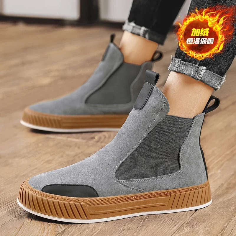 

Autumn Winter Warm Plush Casual High top Men Shoes Designer Chelsea Suede Shoes Men Fashion Punk Style Platform Male Boots Snow