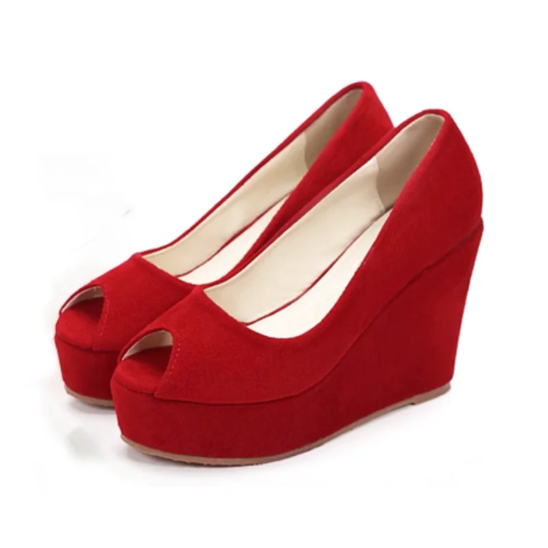 LIHUAMAO red Suede pumps peep toe wedge sandals women shoes high heels platform pointed toe espadrilles shoes wedding party
