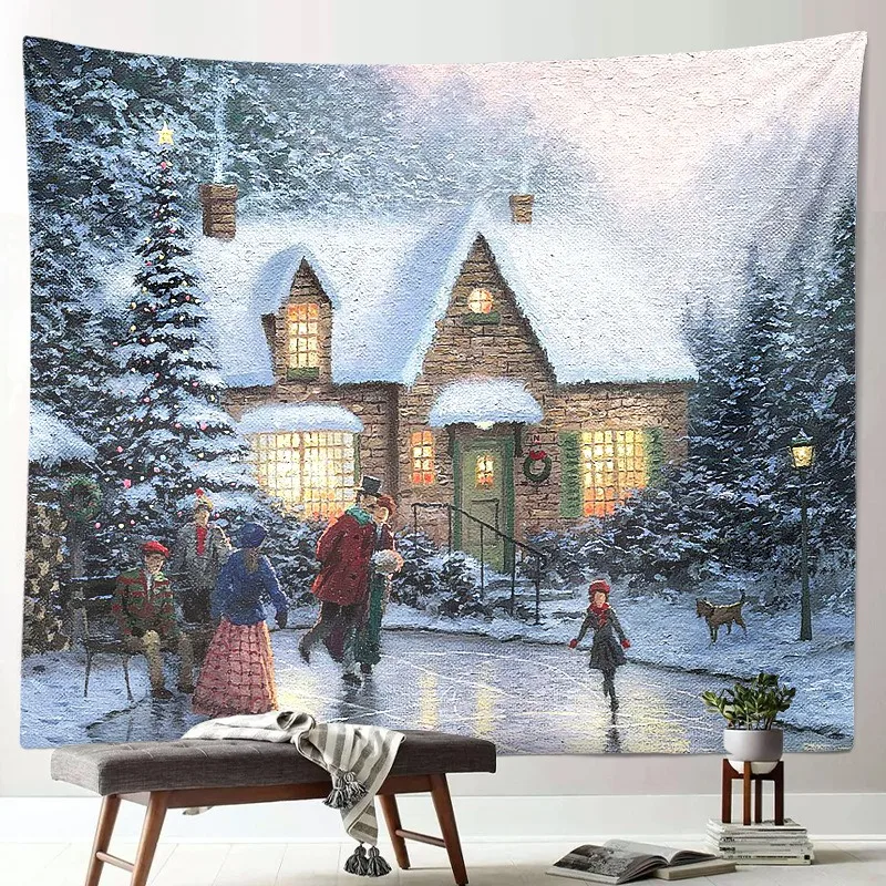 VIKAMA Christmas Market Snow Santa Bike Tapestry, HD Print Wall Hanging for Living Room Holiday Home Decor