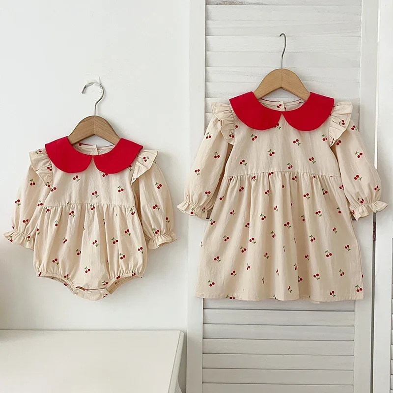 Sisters Clothes Infant Baby Girls Ruffled Dress Rompers Sisters Baby Girls Cherry Print Princess Dress Family Clothes Rompers