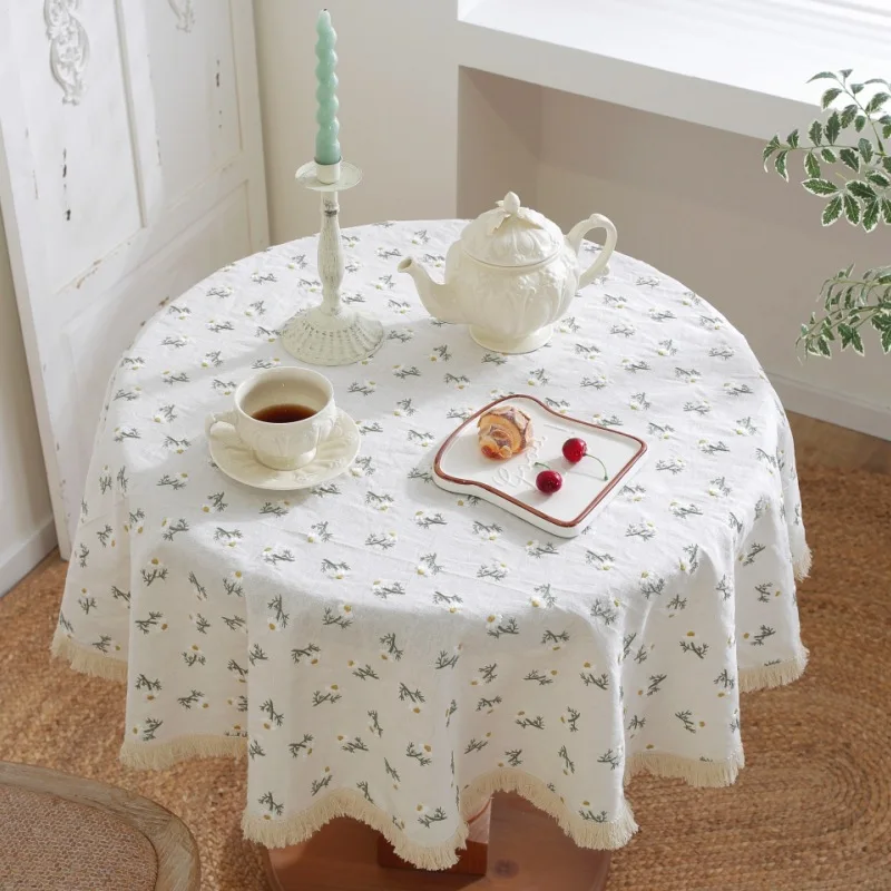 

Table Cloth Round Daisy Embroidered Linen Table Cover Farmhouse Rustic Postal Style for Coffee Dinning Table Diameter 120cm