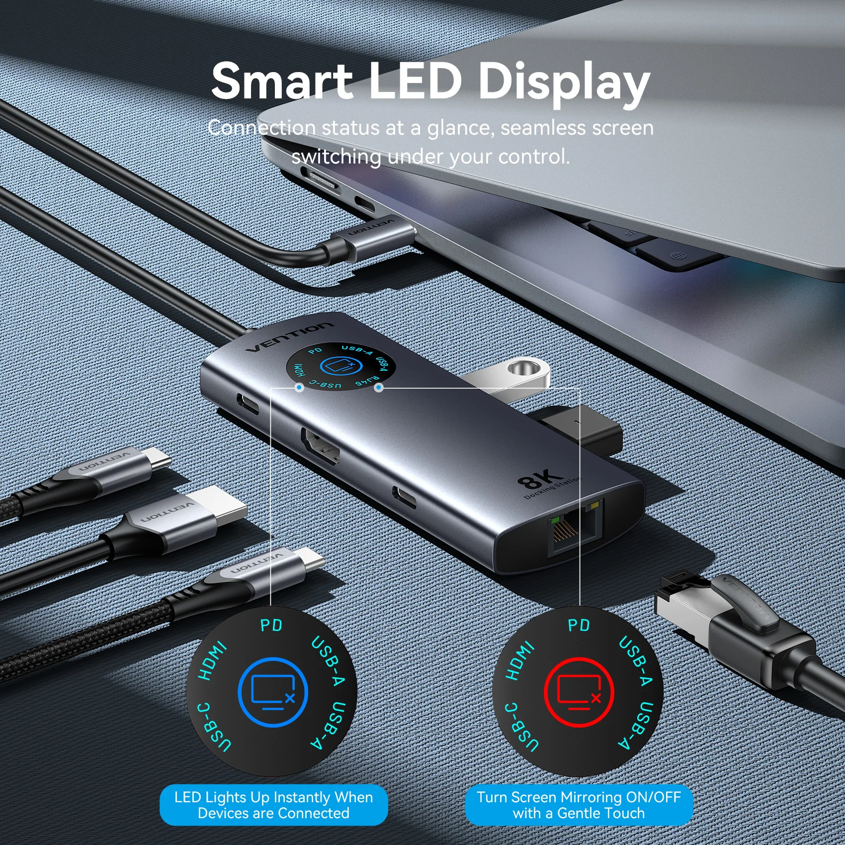Vention 6 в 1 USB C 8K @ 30 Гц HDMI-концентратор Smart Led Touch USB 3.0 Ethernet-адаптер Док-станция для MacBook Lenovo HP iPad Laptop