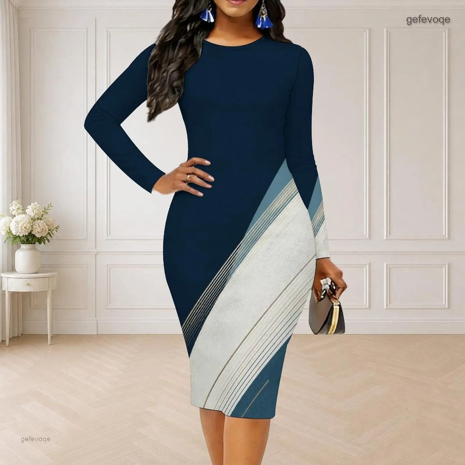 Round Neck Long Sleeve Bodycon Midi Length Printed Dress for Women