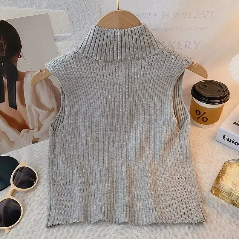 

French Retro Knitted Camisole Women's Summer Gray Printed Zipper Vest Design Sense High Neck Short Top For Outdoor Hop Wear