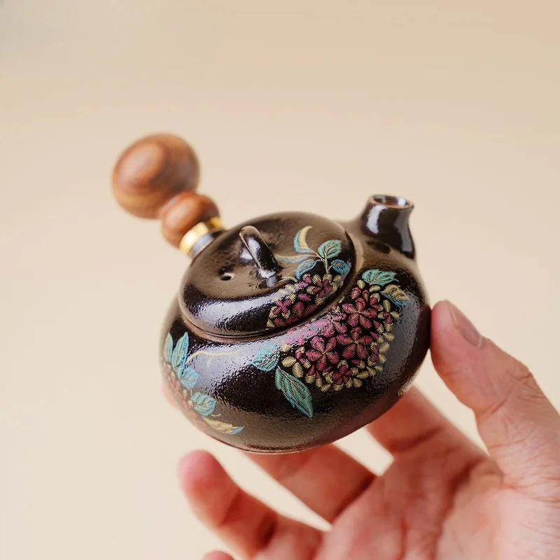 

100ml Hydrangea Black Side Handle Teapot Traditional Tea Infuser Pot Tea Soaking Kettle With Ball Hole Tea Items Collection Gift