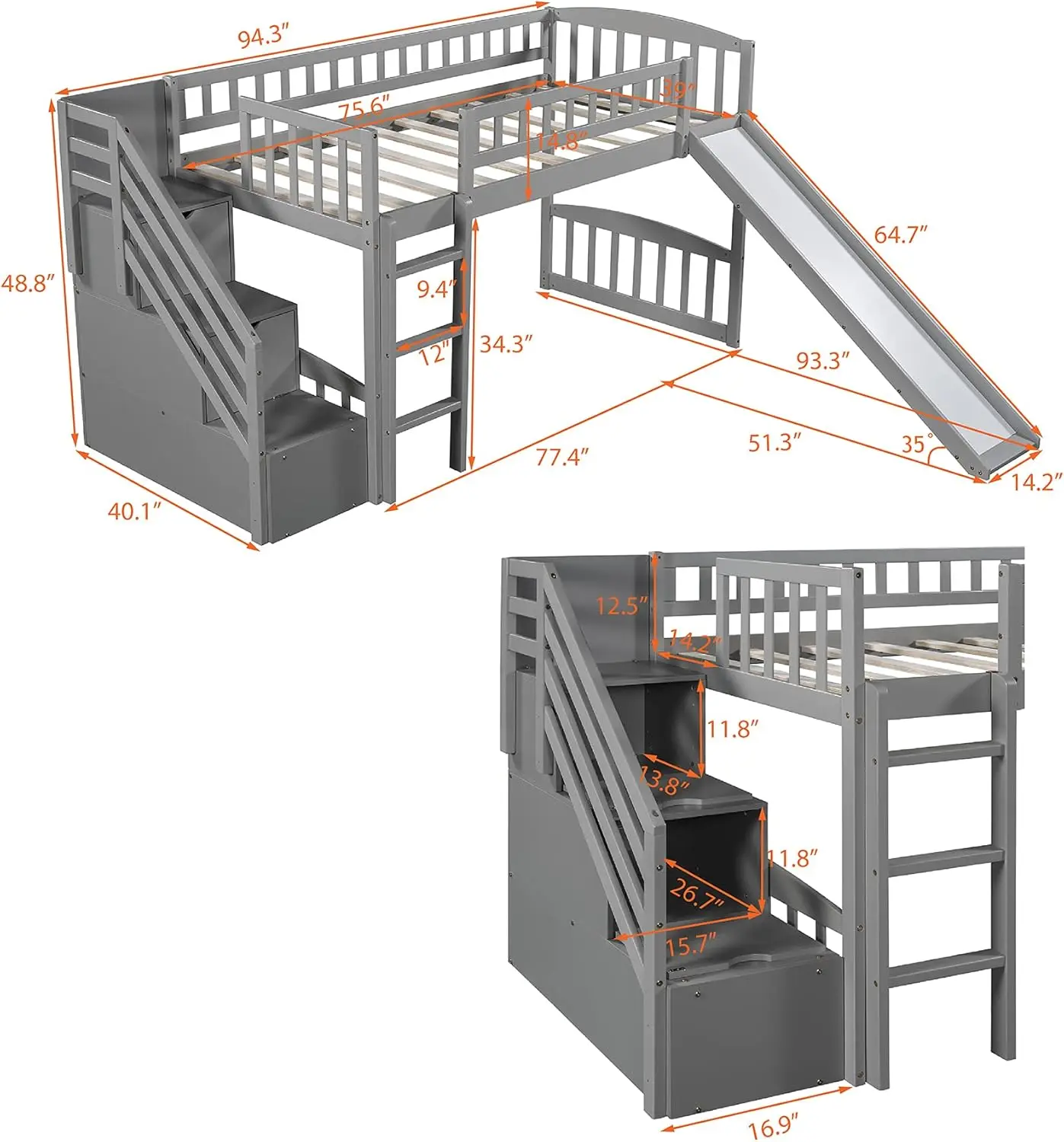 Lit Loft Lits Jumeaux avec Glissière, Lit Loft Bas en Bois avec Escaliers et Rangement pour Enfants, Bol, Garçons, Adolescents, Gris