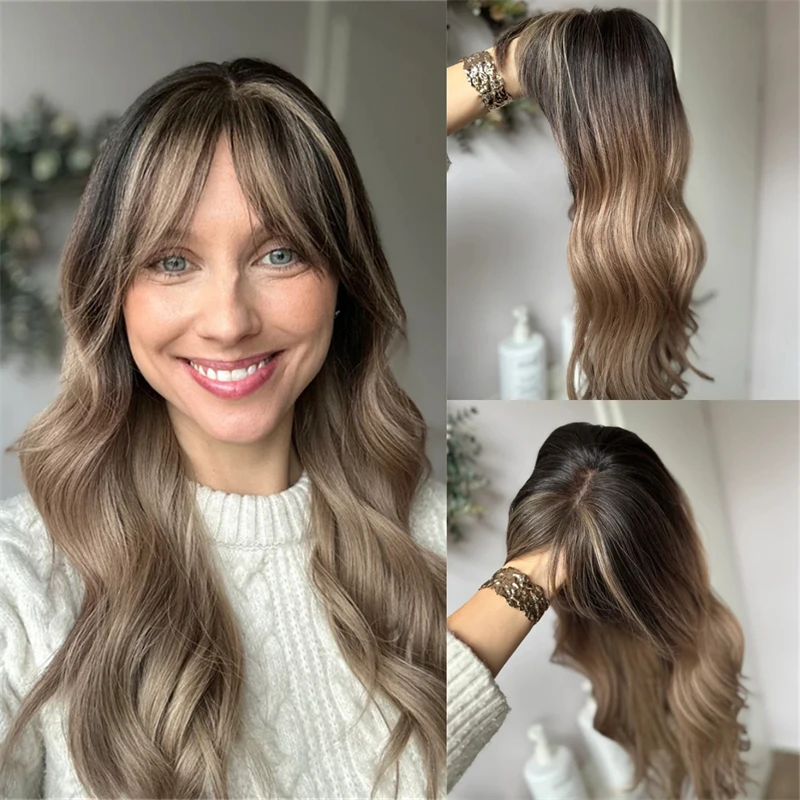 Woman Wigs Ombre Caramel Brown Highlights HD Lace Front Wig with Bangs Blend Human Hair Small Large Size Cap Human Hair Like
