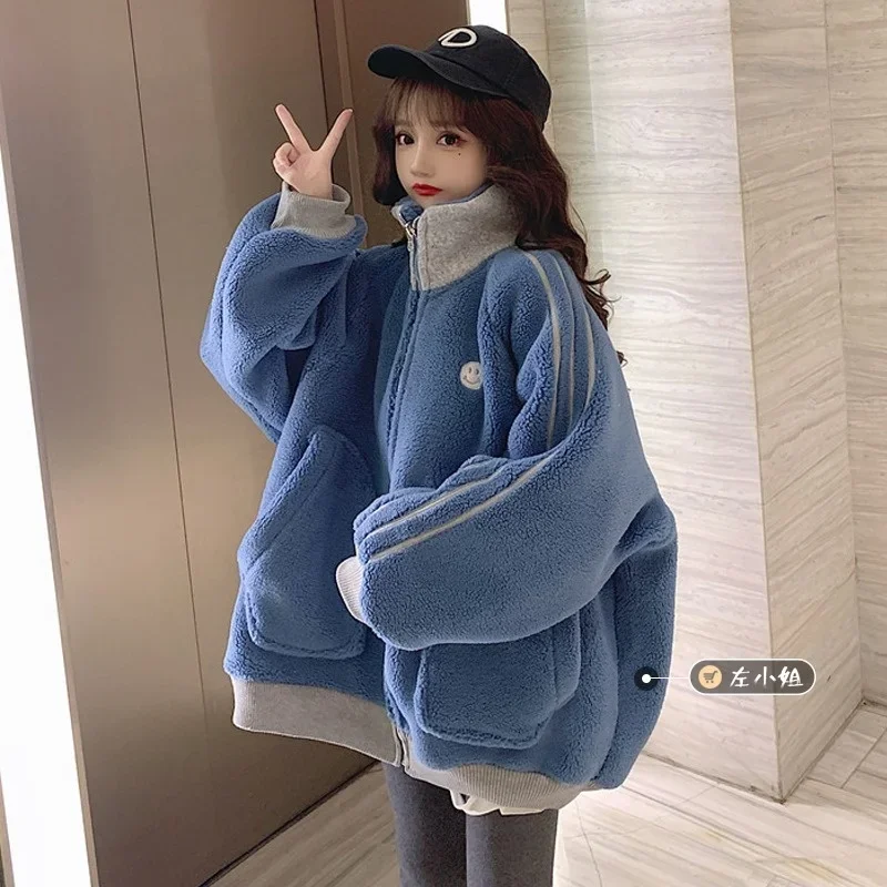 Plush And Thickened Lamb Coat Women's Trendy 2024 New Loose Stand Collar Korean Overcoat Women Long Sleeve Jacket Female