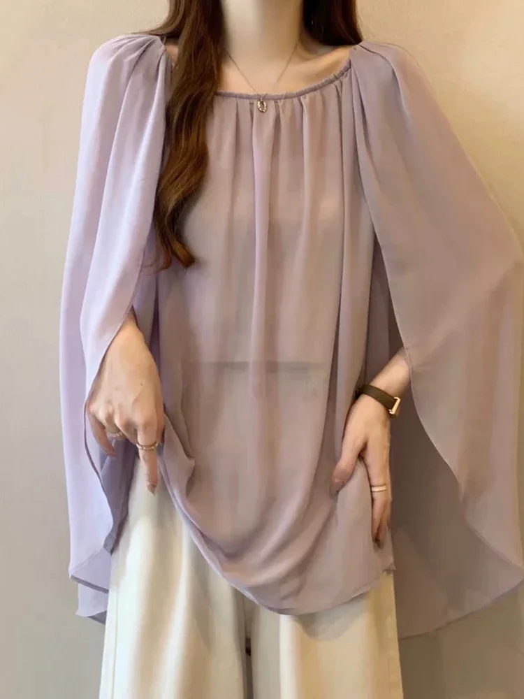 

Light Purple Chiffon Shirt Women's Outerwear Cover up Summer New Style plus Size Fat MM Fake Two-Piece Cowl Neck Shoulder Sha...