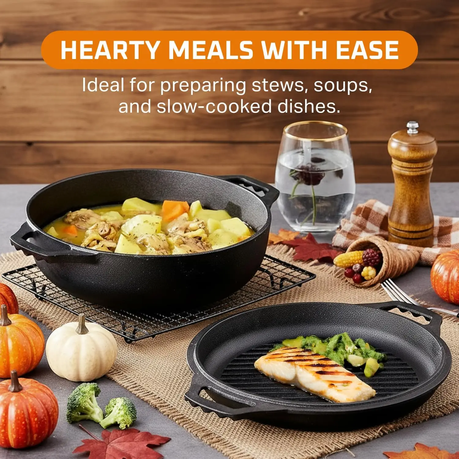 2-in-1 Pre-Seasoned Cast Iron Dutch Oven, 3.3 Qt, Oven-Safe Gumbo Pot with Grill Lid, Dual Handles, Black