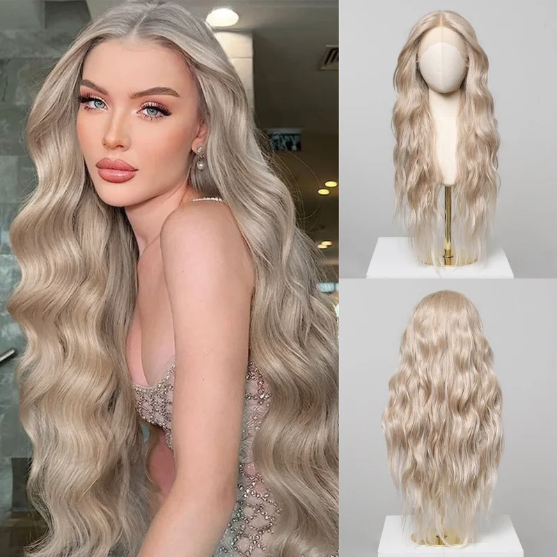 

13*6 кружевные блондинки платиновые длинные вьющиеся синтетические волнистые парики со средней частью