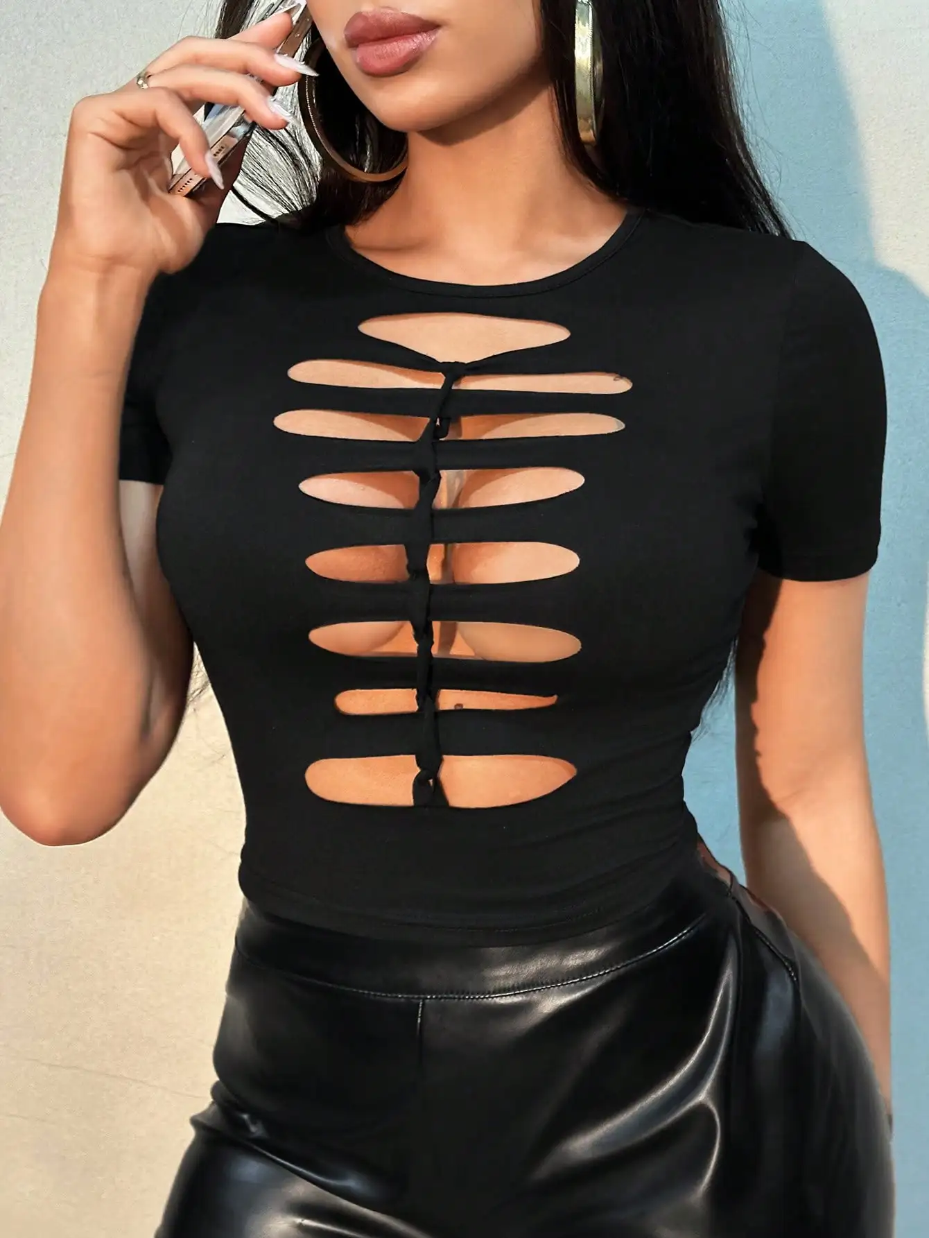 

Black Lace-Up Hollow Out Crop Top for Women, Y2K Punk Style Short Sleeve T-Shirt